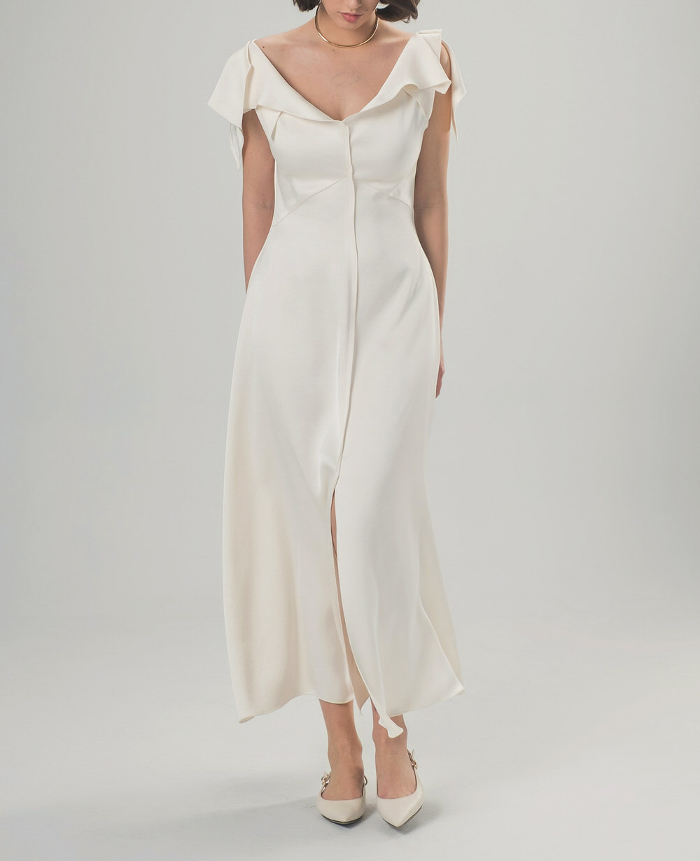 Ivory silk-blend dress with feminine neckline