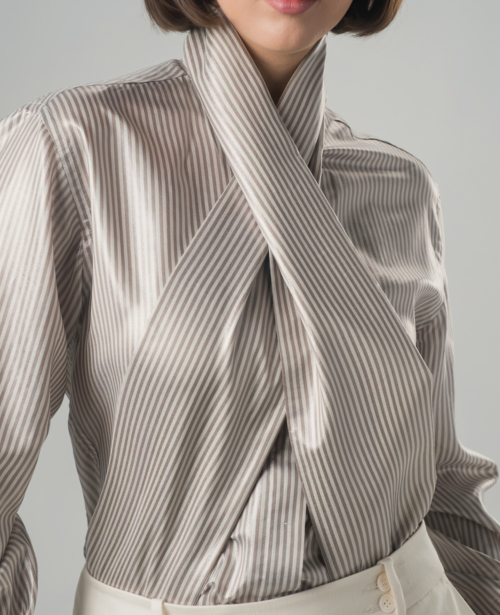 Striped silk shirt with tie-neck detail