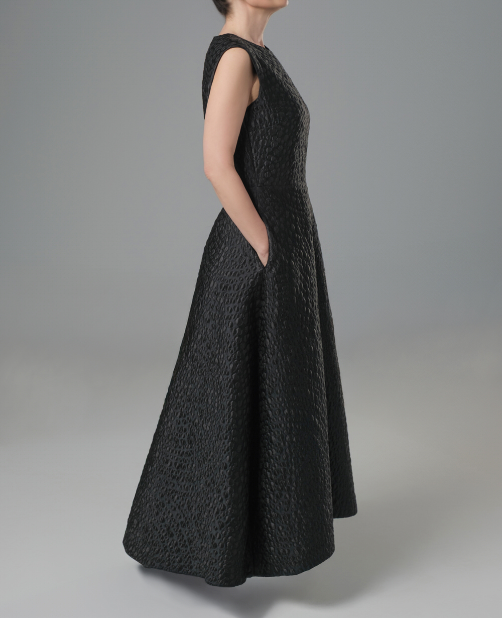 Black sleeveless structured A-line dress